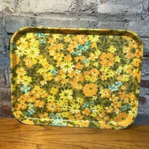Vintage Fiberglass Serving Tray Silite Yellow Orange Flowers Flower Power 18"